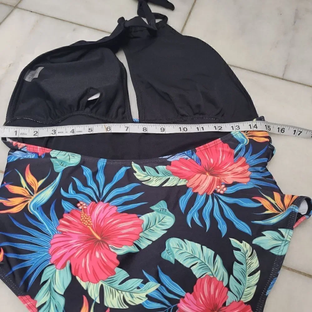 Women's Floral Print Cut Out Halter Swimsuit  Ruched Tie Neck Backless, Sz XL
